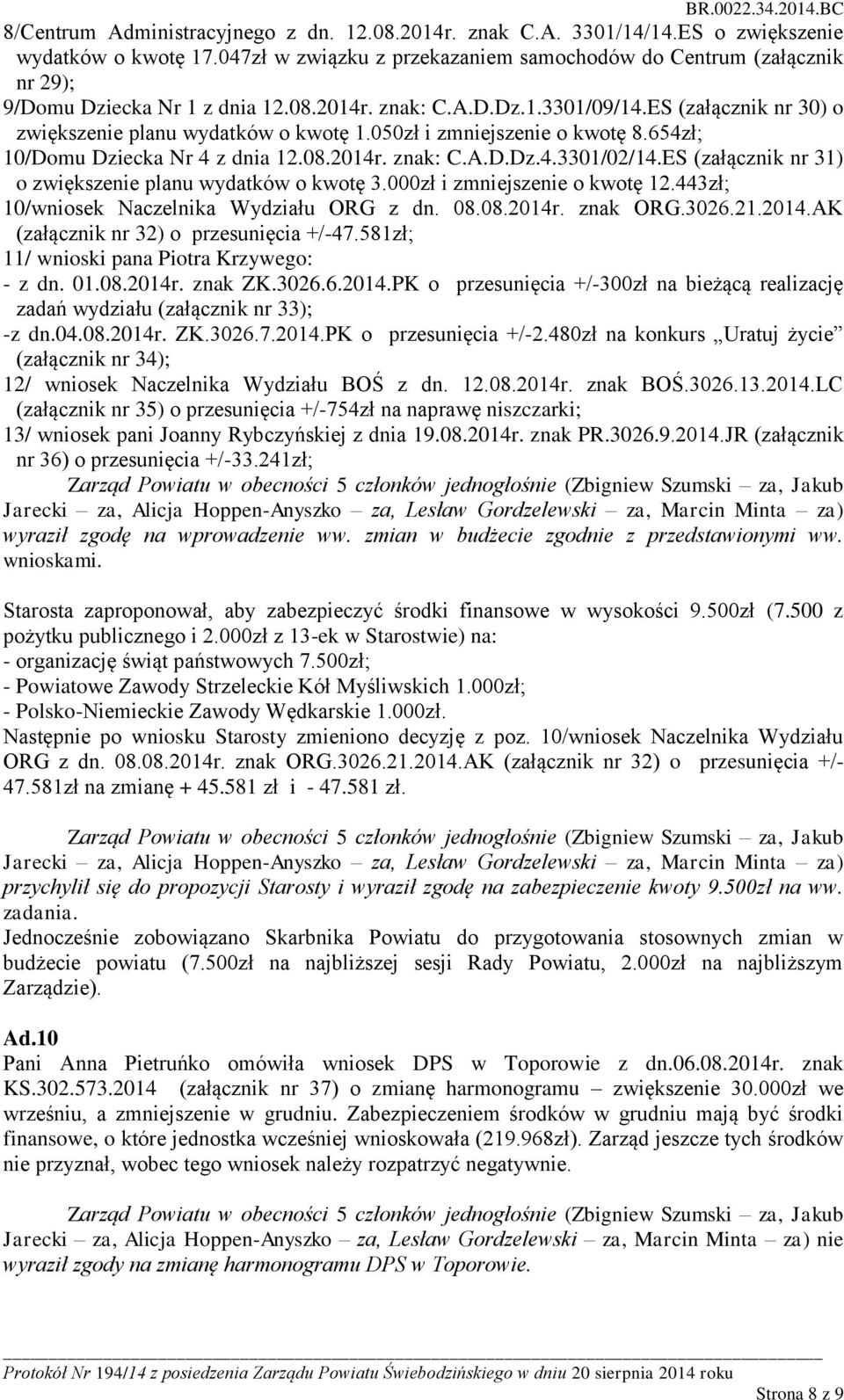 050zł i zmniejszenie o kwotę 8.654zł; 10/Domu Dziecka Nr 4 z dnia 12.08.2014r. znak: C.A.D.Dz.4.3301/02/14.ES (załącznik nr 31) o zwiększenie planu wydatków o kwotę 3.000zł i zmniejszenie o kwotę 12.