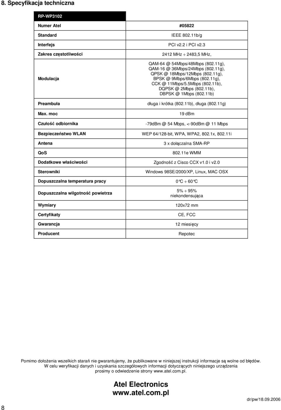 11b), DQPSK @ 2Mbps (802.11b), DBPSK @ 1Mbps (802.11b) długa i krótka (802.11b), długa (802.11g) 19 dbm -79dBm @ 54 Mbps, <-90dBm @ 11 Mbps Bezpieczeństwo WLAN WEP 64/128-bit, WPA, WPA2, 802.1x, 802.
