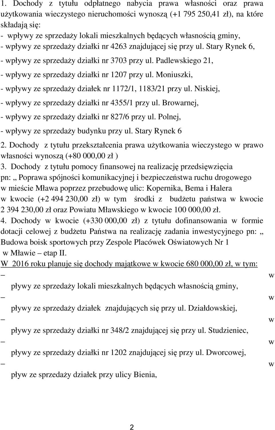 Moniuszki, - płyy ze sprzedaży działek nr 1172/1, 1183/21 przy ul. Niskiej, - płyy ze sprzedaży działki nr 4355/1 przy ul. Broarnej, - płyy ze sprzedaży działki nr 827/6 przy ul.