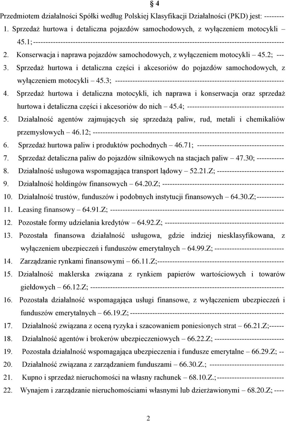 Sprzedaż hurtowa i detaliczna części i akcesoriów do pojazdów samochodowych, z wyłączeniem motocykli 45.3; -------------------------------------------------------------------- 4.