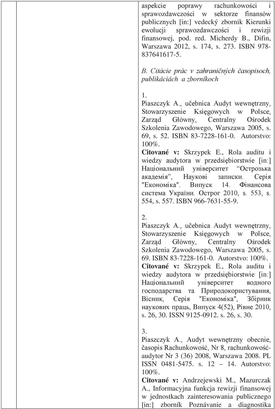 ISBN 83-7228-161-0. Autorstvo: Citované v: Skrzypek E., Rola auditu i wiedzy audytora w przedsiębiorstwie [in:] Національний університет Острозька академія, Наукові записки. Серія "Економіка".