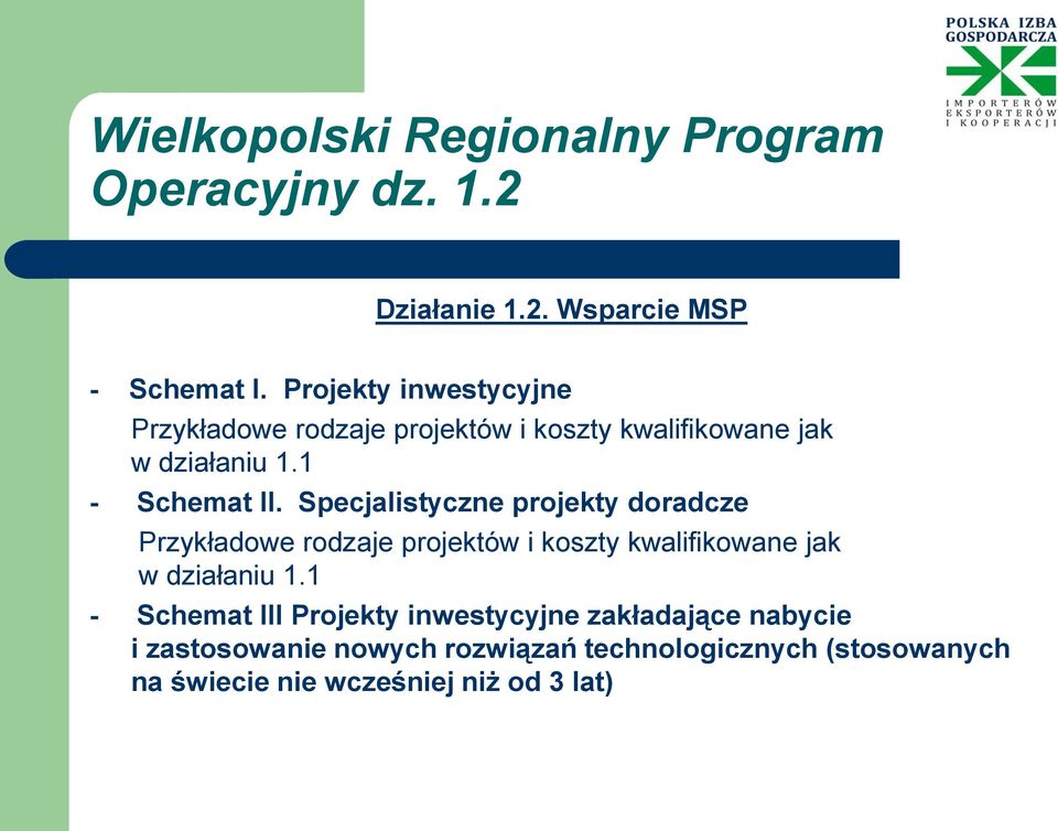 Specjalistyczne projekty doradcze Przykładowe rodzaje projektów i koszty kwalifikowane jak w działaniu 1.