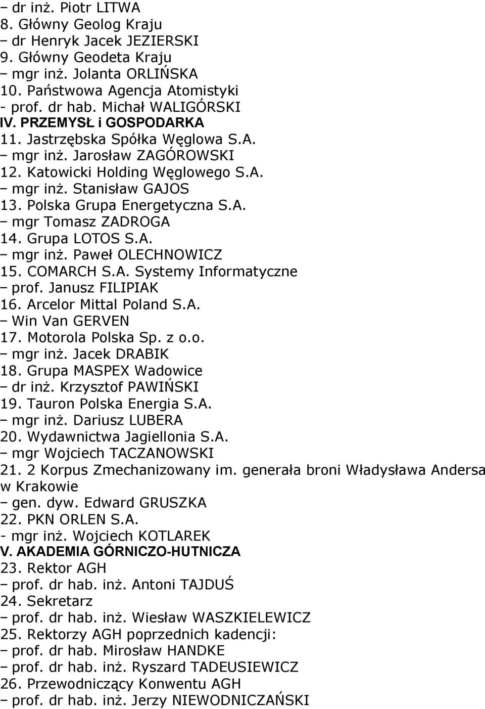 Grupa LOTOS S.A. mgr inż. Paweł OLECHNOWICZ 15. COMARCH S.A. Systemy Informatyczne prof. Janusz FILIPIAK 16. Arcelor Mittal Poland S.A. Win Van GERVEN 17. Motorola Polska Sp. z o.o. mgr inż. Jacek DRABIK 18.