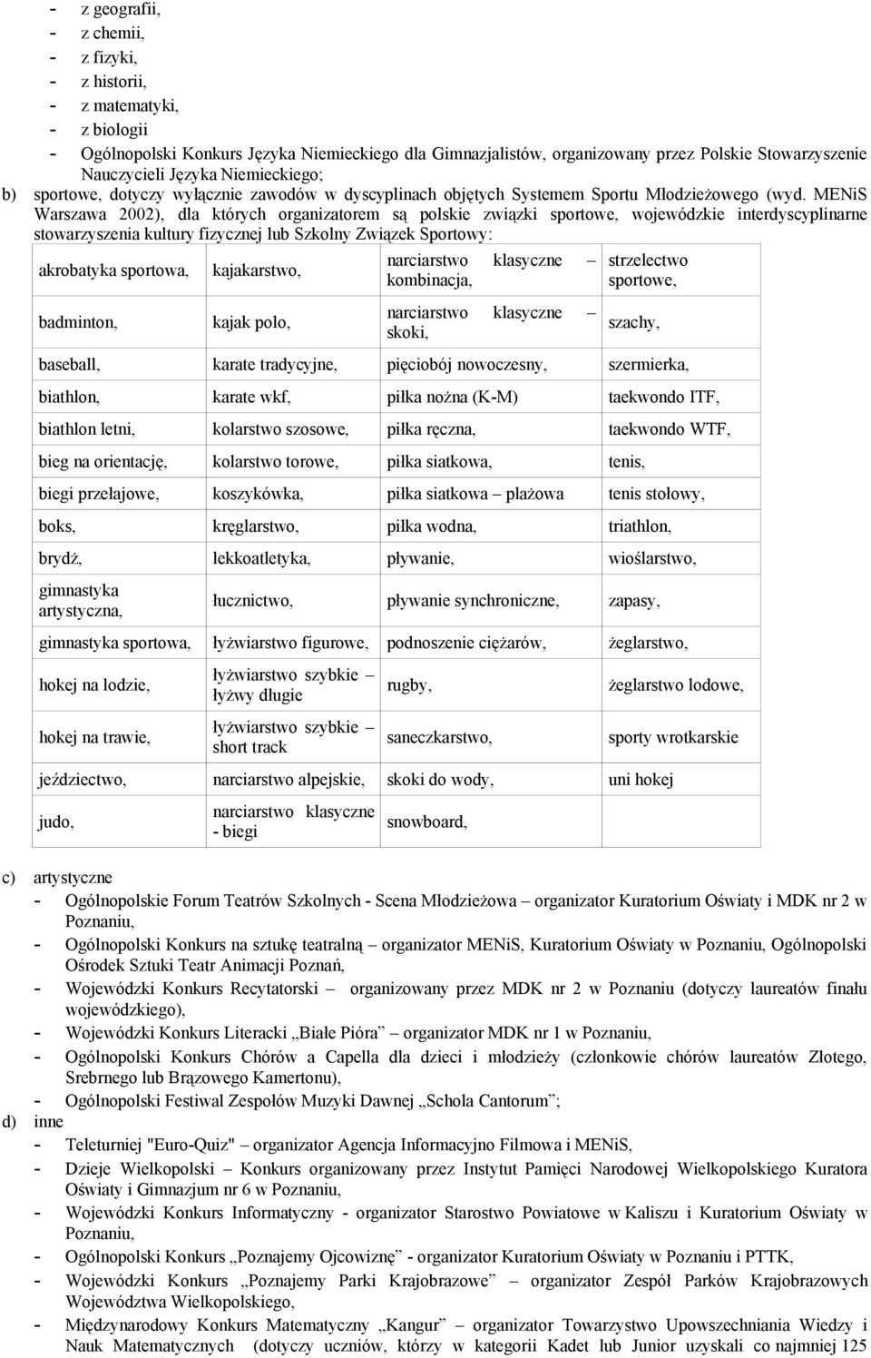 MENiS Warszawa 2002), dla których organizatorem są polskie związki sportowe, wojewódzkie interdyscyplinarne stowarzyszenia kultury fizycznej lub Szkolny Związek Sportowy: akrobatyka sportowa,