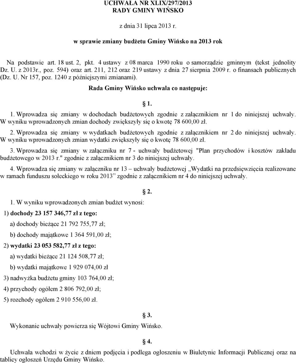 1240 z późniejszymi zmianami). Rada Gminy Wińsko uchwala co następuje: 1. 1. Wprowadza się zmiany w dochodach budżetowych zgodnie z załącznikiem nr 1 do niniejszej uchwały.