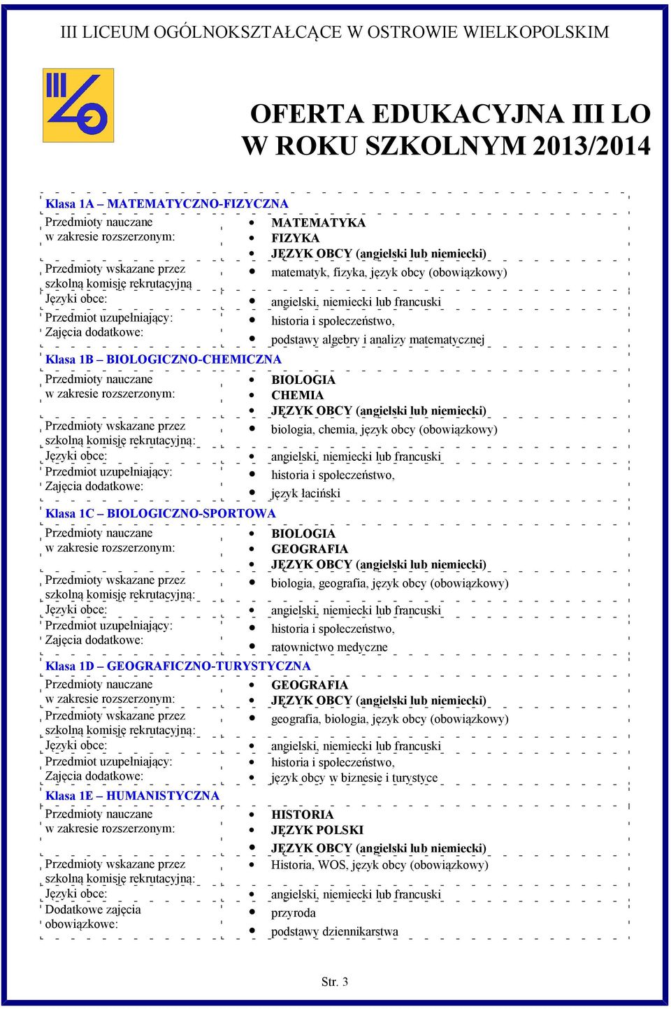 rekrutacyjną: Przedmiot uzupełniający: historia i społeczeństwo, Zajęcia dodatkowe: język łaciński Klasa 1C BIOLOGICZNO-SPORTOWA BIOLOGIA GEOGRAFIA biologia, geografia, język obcy (obowiązkowy)