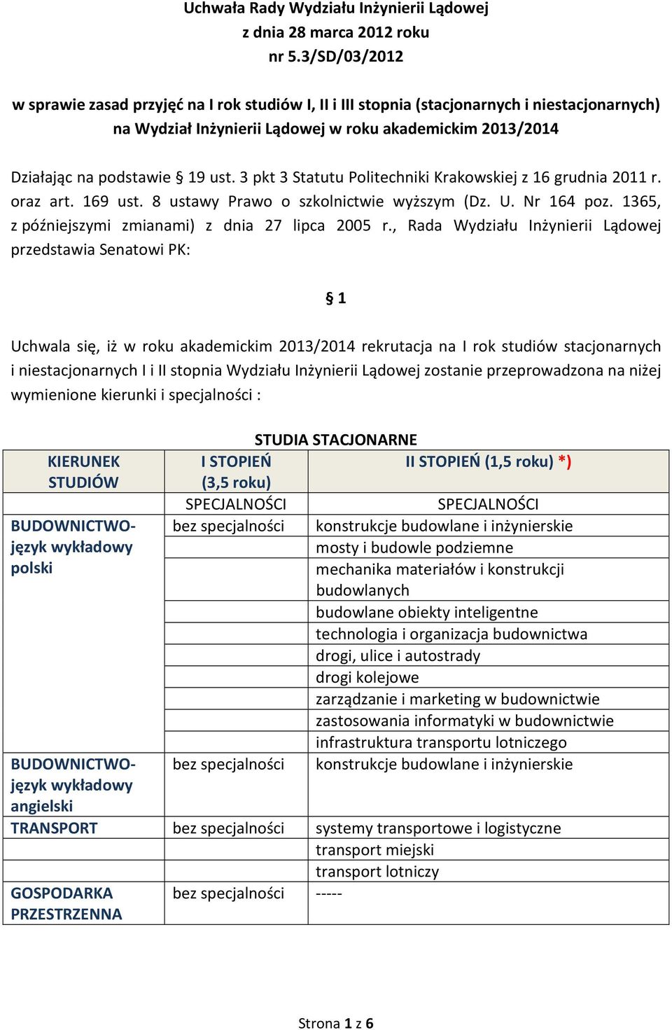 3 pkt 3 Statutu Politechniki Krakowskiej z 16 grudnia 2011 r. oraz art. 169 ust. 8 ustawy Prawo o szkolnictwie wyższym (Dz. U. Nr 164 poz. 1365, z późniejszymi zmianami) z dnia 27 lipca 2005 r.