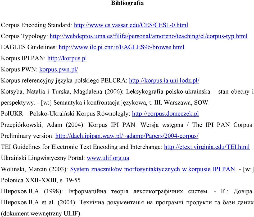 lodz.pl/ Kotsyba, Natalia i Turska, Magdalena (2006): Leksykografia polsko-ukraińska stan obecny i perspektywy. - [w:] Semantyka i konfrontacja językowa, t. III. Warszawa, SOW.