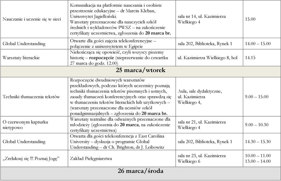 Warsztaty przeznaczone dla nauczycieli szkół średnich i wykładowców PWSZ na zakończenie certyfikaty uczestnictwa, zgłoszenia do 20 marca br.