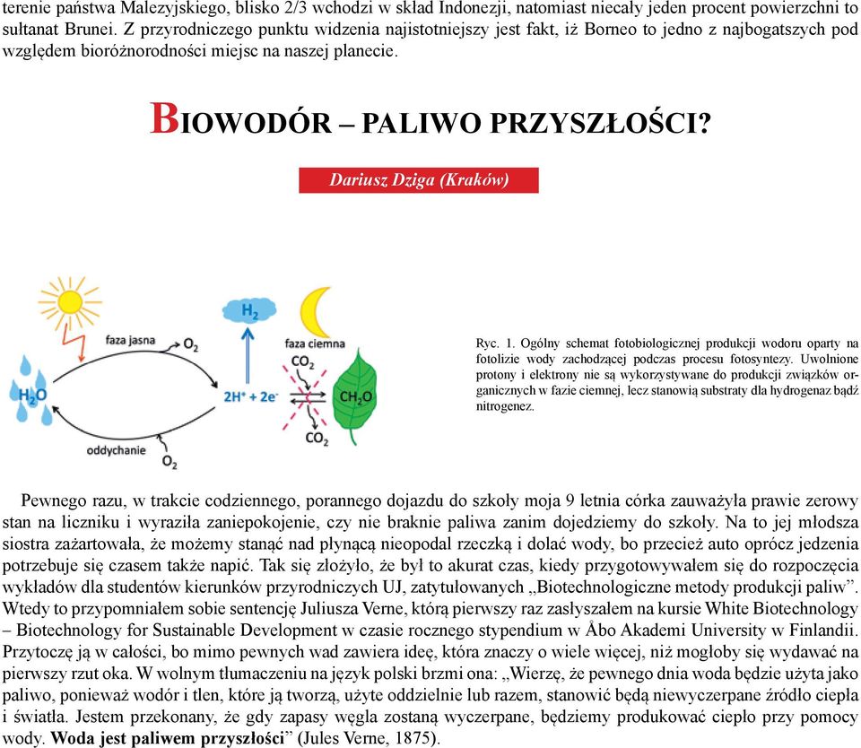 Dariusz Dziga (Kraków) Ryc. 1. Ogólny schemat fotobiologicznej produkcji wodoru oparty na fotolizie wody zachodzącej podczas procesu fotosyntezy.