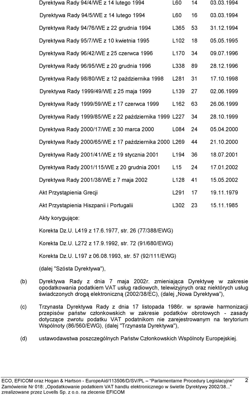 1996 Dyrektywa Rady 98/80/WE z 12 października 1998 L281 31 17.10.1998 Dyrektywa Rady 1999/49/WE z 25 maja 1999 L139 27 02.06.1999 Dyrektywa Rady 1999/59/WE z 17 czerwca 1999 L162 63 26.06.1999 Dyrektywa Rady 1999/85/WE z 22 października 1999 L227 34 28.