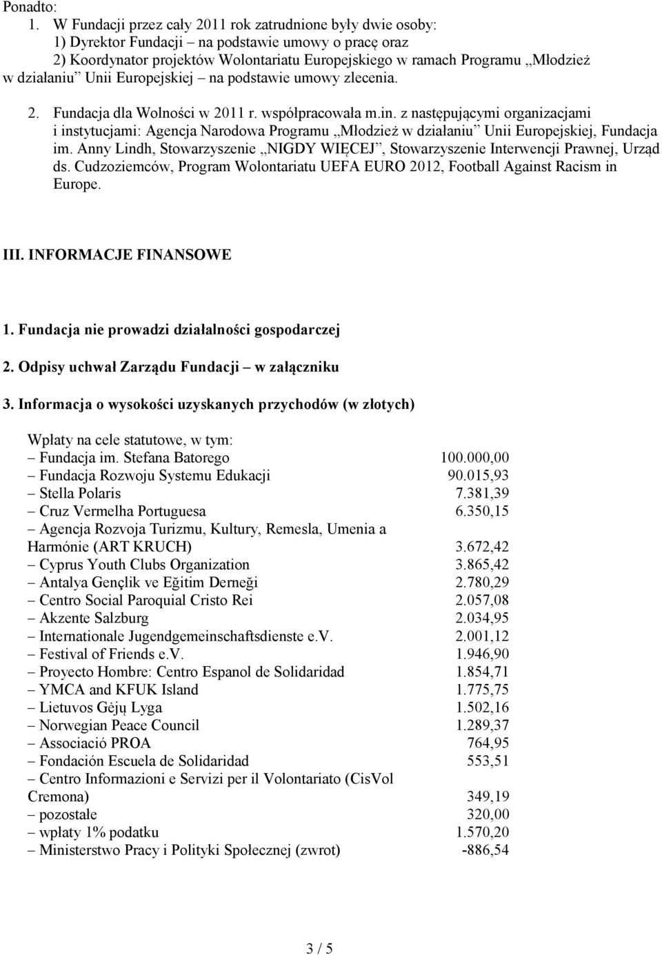 działaniu Unii Europejskiej na podstawie umowy zlecenia. 2. Fundacja dla Wolności w 2011 r. współpracowała m.in.