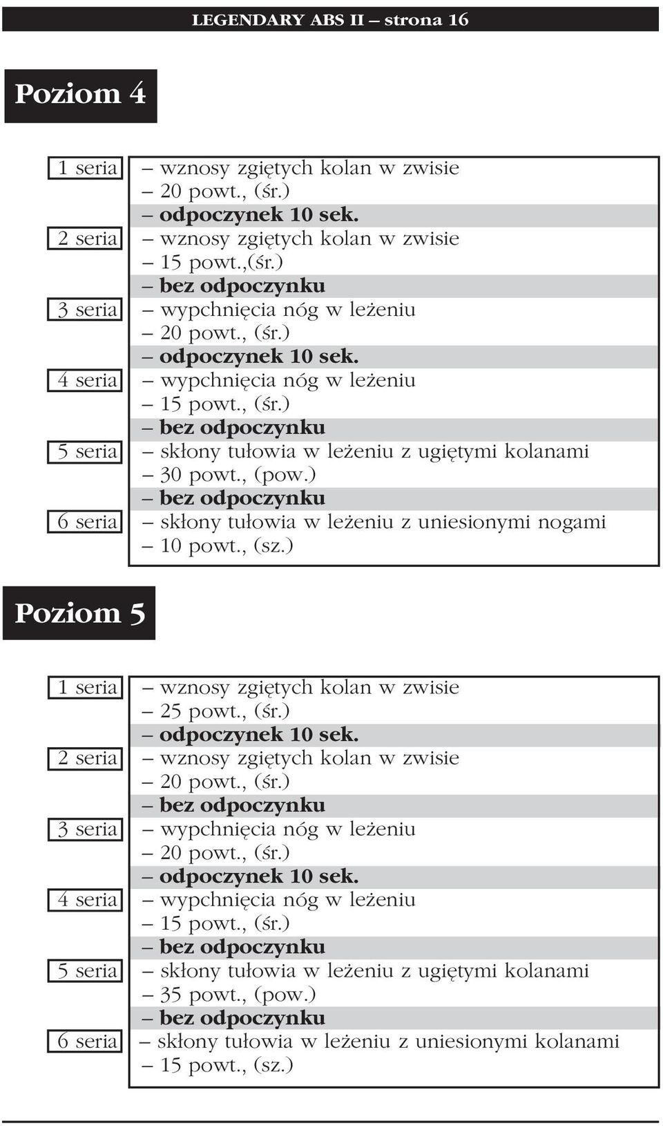 ) 6 seria skłony tułowia w leżeniu z uniesionymi nogami 10 powt., (sz.) Poziom 5 1 seria wznosy zgiętych kolan w zwisie 25 powt., () odpoczynek 10 sek. 2 seria wznosy zgiętych kolan w zwisie 20 powt.