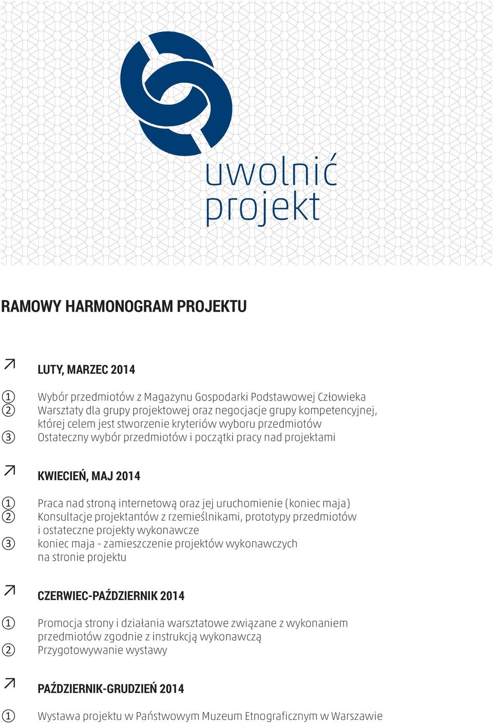 projektantów z rzemieślnikami, prototypy przedmiotów i ostateczne projekty wykonawcze koniec maja - zamieszczenie projektów wykonawczych na stronie projektu CZERWIEC-PAŹDZIERNIK 04 Promocja strony