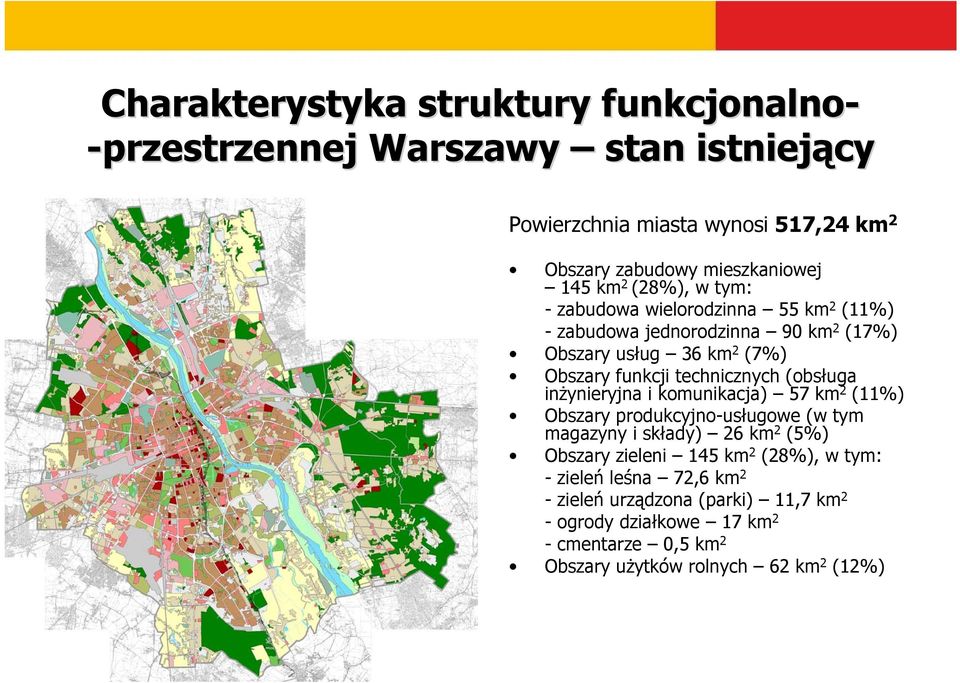 technicznych (obsługa inżynieryjna i komunikacja) 57 km 2 (11%) Obszary produkcyjno-usługowe (w tym magazyny i składy) 26 km 2 (5%) Obszary zieleni 145