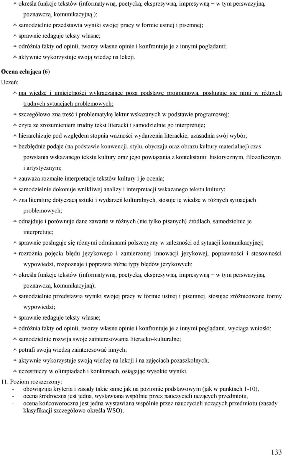 Ocena celująca (6) ma wiedzę i umiejętności wykraczające poza podstawę programową, posługuje się nimi w różnych trudnych sytuacjach problemowych; szczegółowo zna treść i problematykę lektur