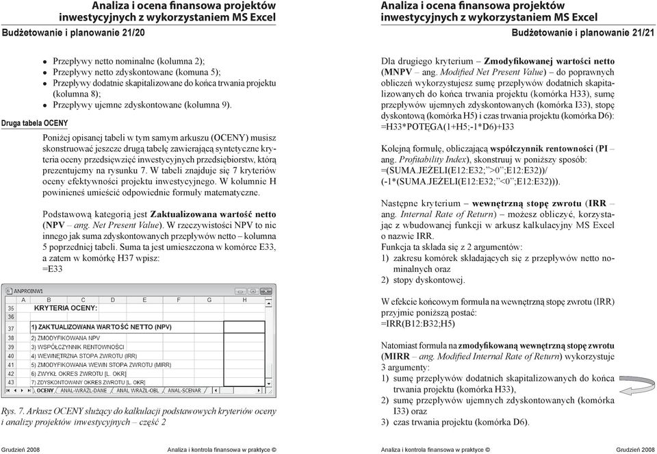 Poniżej opisanej tabeli w tym samym arkuszu (OCENY) musisz skonstruować jeszcze drugą tabelę zawierającą syntetyczne kryteria oceny przedsięwzięć inwestycyjnych przedsiębiorstw, którą prezentujemy na