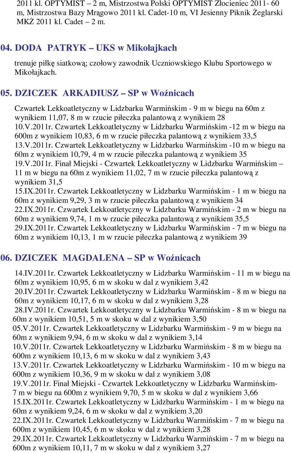 DZICZEK ARKADIUSZ SP w Woźnicach Czwartek Lekkoatletyczny w Lidzbarku Warmińskim - 9 m w biegu na 60m z wynikiem 11,07, 8 m w rzucie piłeczka palantową z wynikiem 28 10.V.2011r.