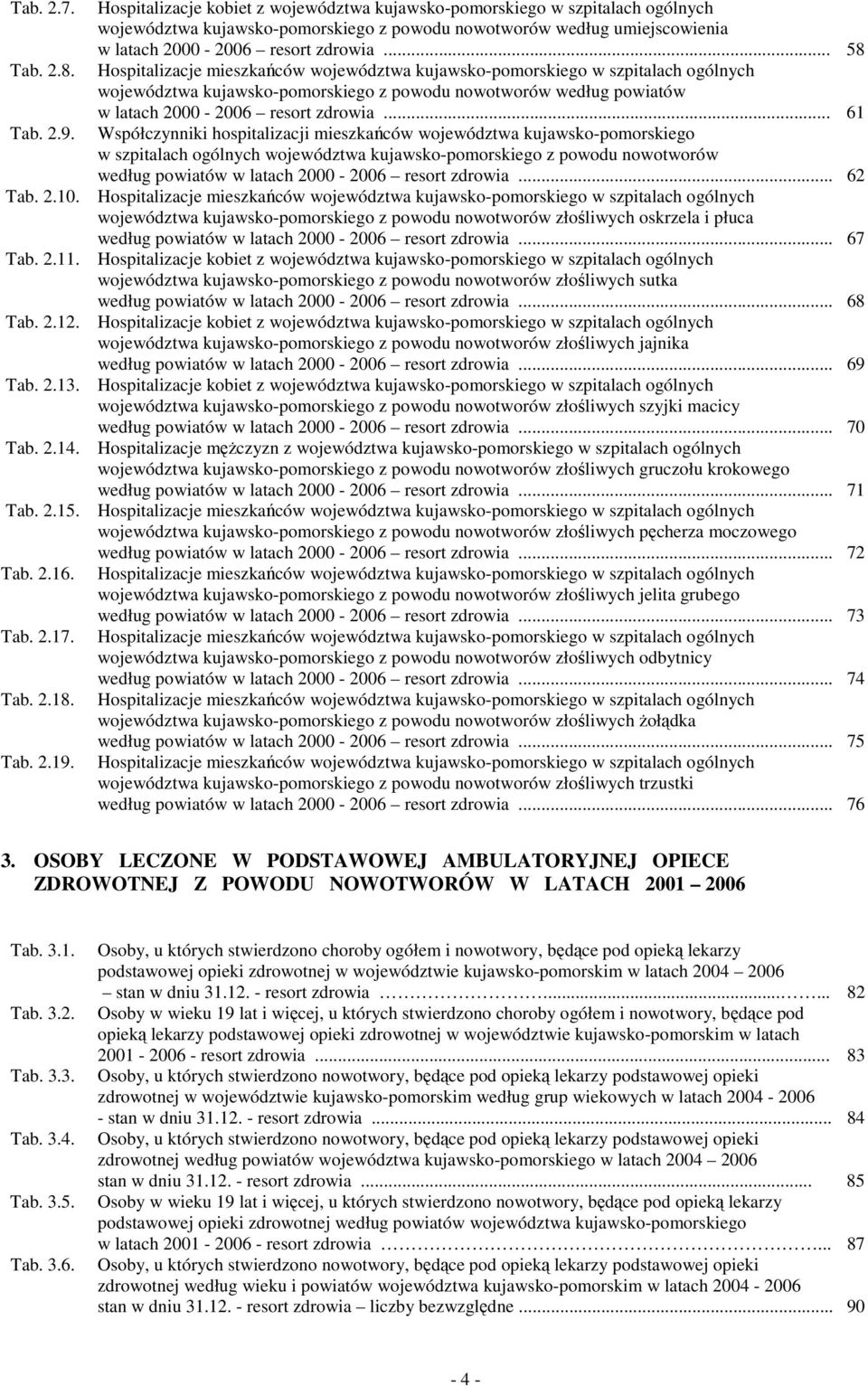 .. 58 Hospitalizacje mieszkańców województwa kujawsko-pomorskiego w szpitalach ogólnych województwa kujawsko-pomorskiego z powodu nowotworów według powiatów w latach 2000-2006 resort zdrowia.