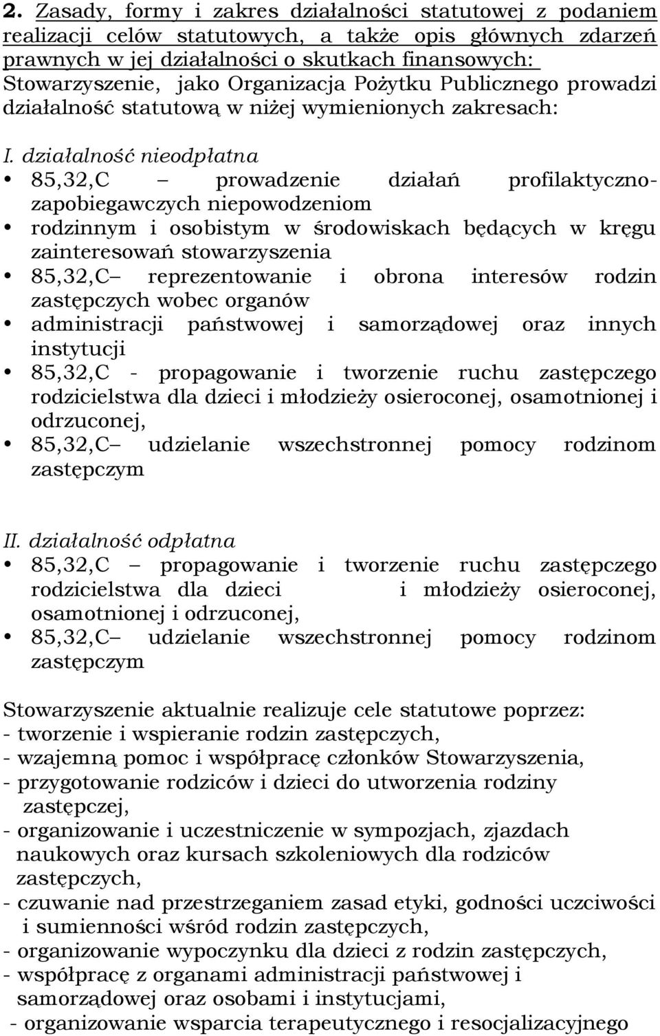 działalność nieodpłatna 85,32,C prowadzenie działań profilaktycznozapobiegawczych niepowodzeniom rodzinnym i osobistym w środowiskach będących w kręgu zainteresowań stowarzyszenia 85,32,C