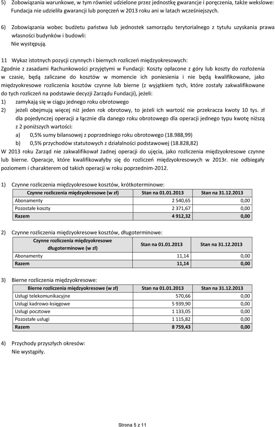 11 Wykaz istotnych pozycji czynnych i biernych rozliczeń międzyokresowych: Zgodnie z zasadami Rachunkowości przyjętymi w Fundacji: Koszty opłacone z góry lub koszty do rozłożenia w czasie, będą