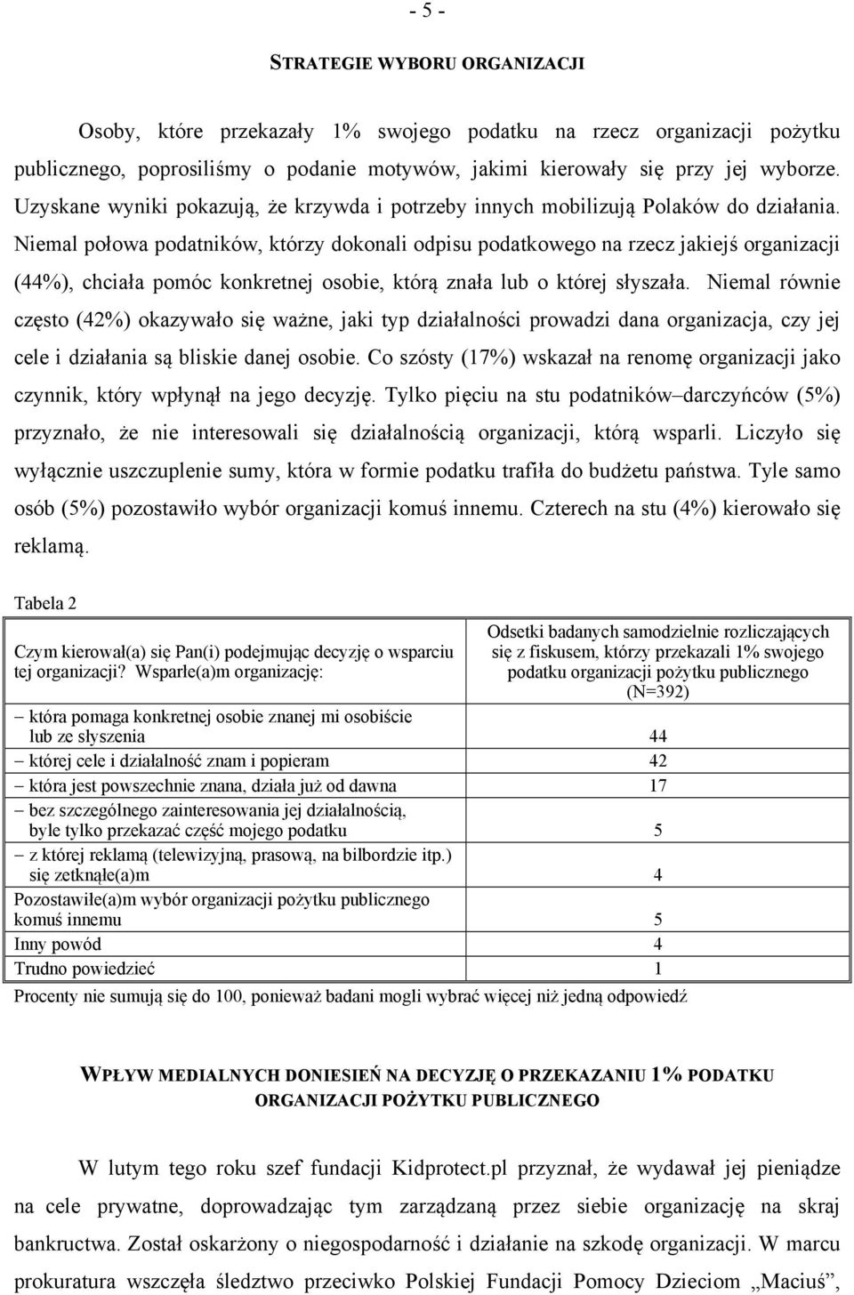 Niemal połowa podatników, którzy dokonali odpisu podatkowego na rzecz jakiejś organizacji (44%), chciała pomóc konkretnej osobie, którą znała lub o której słyszała.