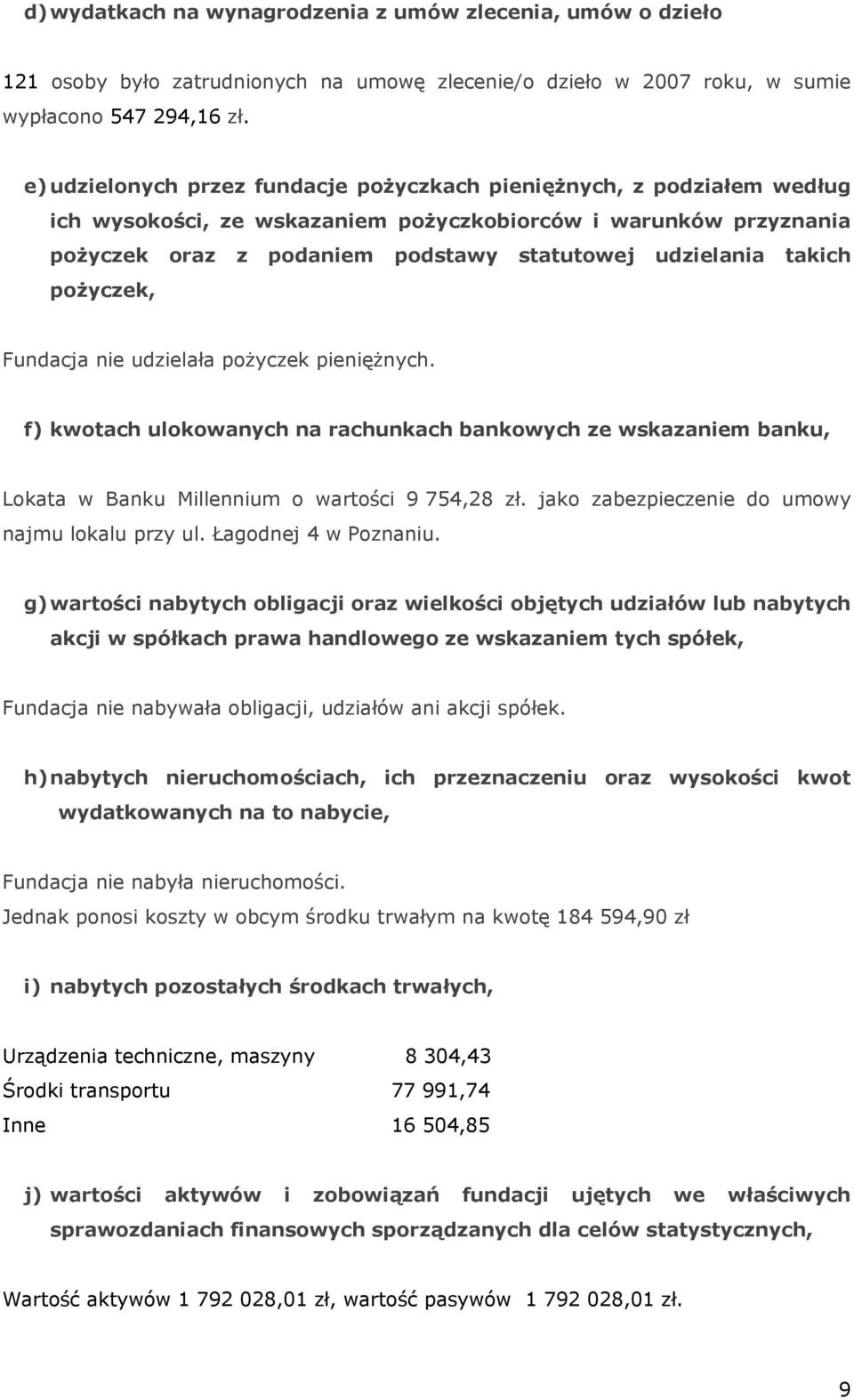 takich pożyczek, Fundacja nie udzielała pożyczek pieniężnych. f) kwotach ulokowanych na rachunkach bankowych ze wskazaniem banku, Lokata w Banku Millennium o wartości 9 754,28 zł.