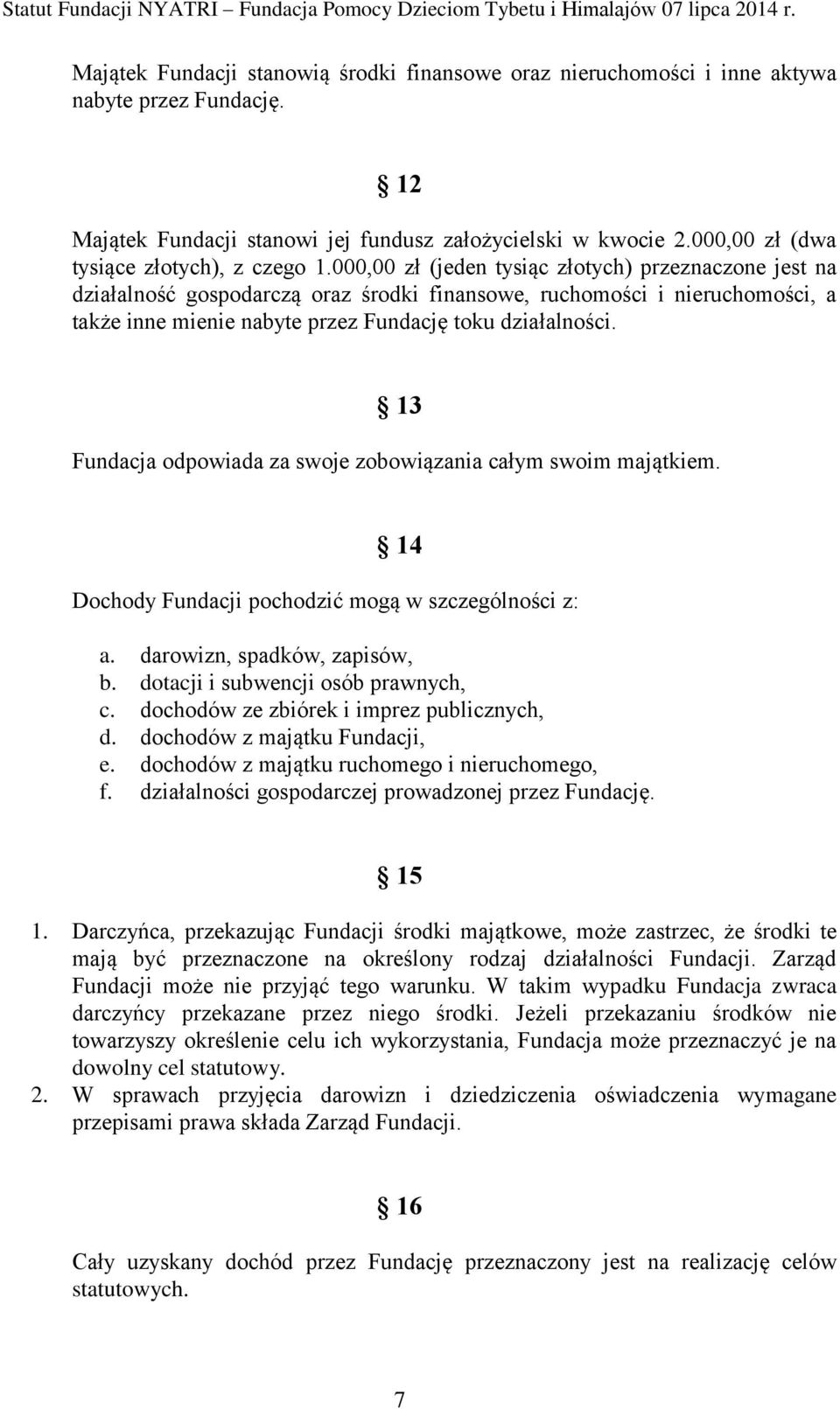 000,00 zł (jeden tysiąc złotych) przeznaczone jest na działalność gospodarczą oraz środki finansowe, ruchomości i nieruchomości, a także inne mienie nabyte przez Fundację toku działalności.