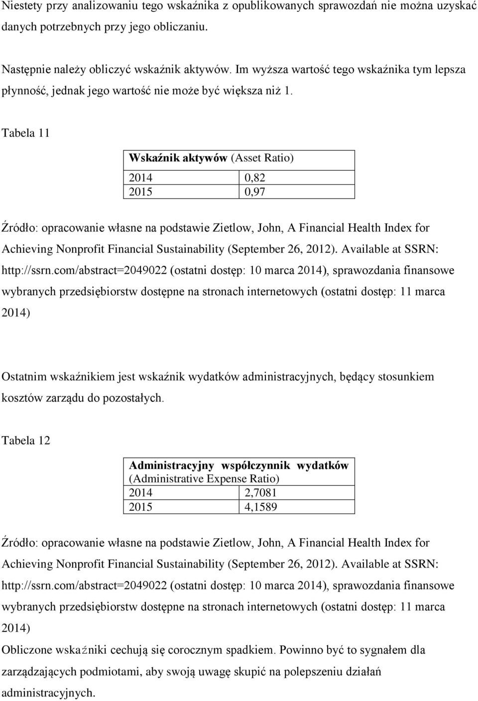 Tabela 11 Wskaźnik aktywów (Asset Ratio) 2014 0,82 2015 0,97 Ostatnim wskaźnikiem jest wskaźnik wydatków administracyjnych, będący stosunkiem kosztów zarządu do pozostałych.