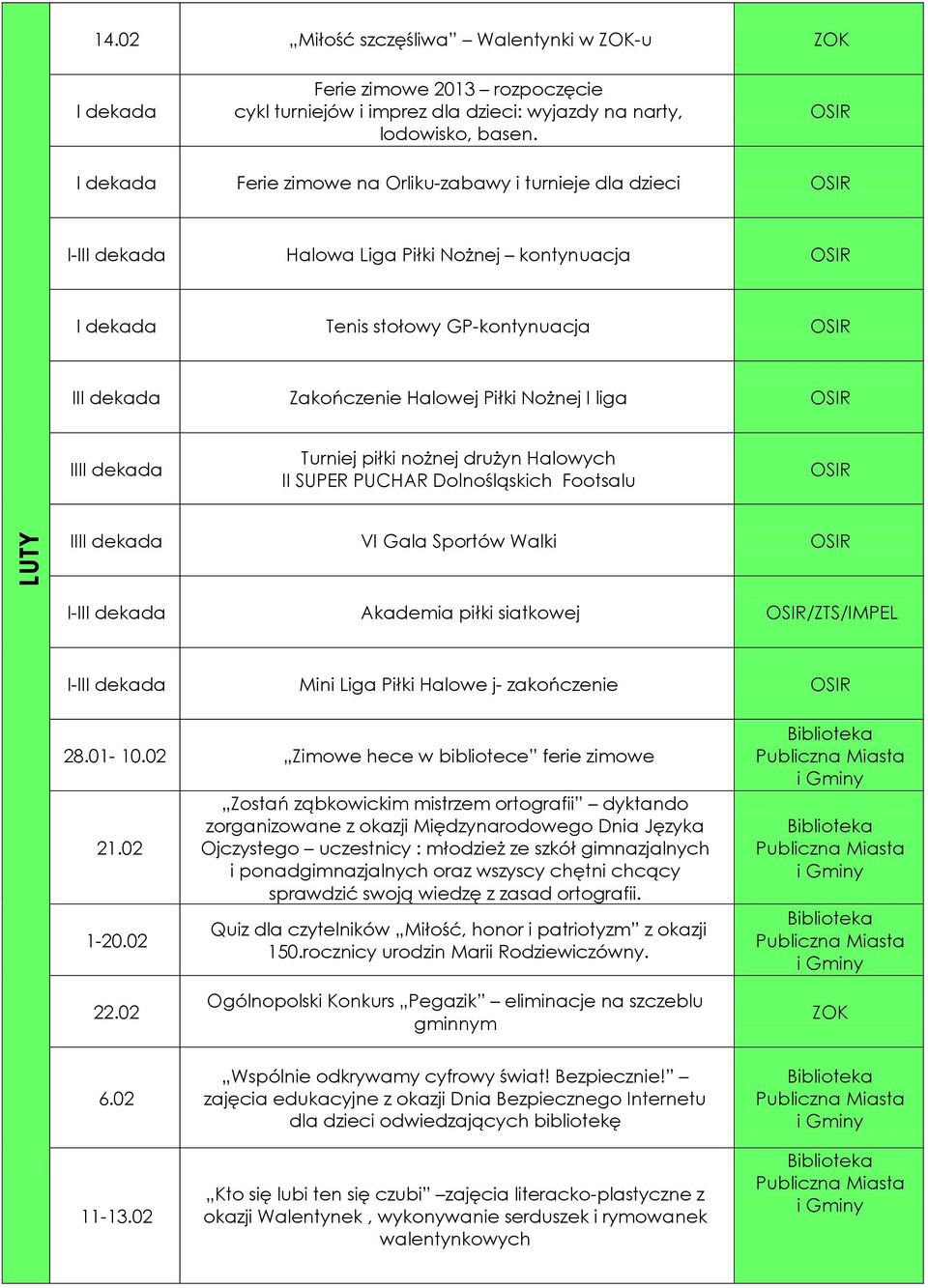 Halowych II SUPER PUCHAR Dolnośląskich Footsalu LUTY III VI Gala Sportów Walki Akademia piłki siatkowej /ZTS/IMPEL Mini Liga Piłki Halowe j- zakończenie 28.01-10.