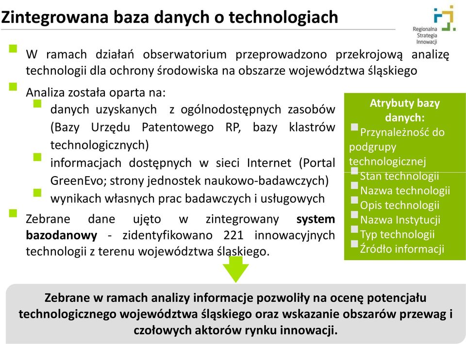 naukowo-badawczych) wynikach własnych prac badawczych i usługowych Zebrane dane ujęto w zintegrowany system bazodanowy - zidentyfikowano 221 innowacyjnych technologii z terenu województwa śląskiego.