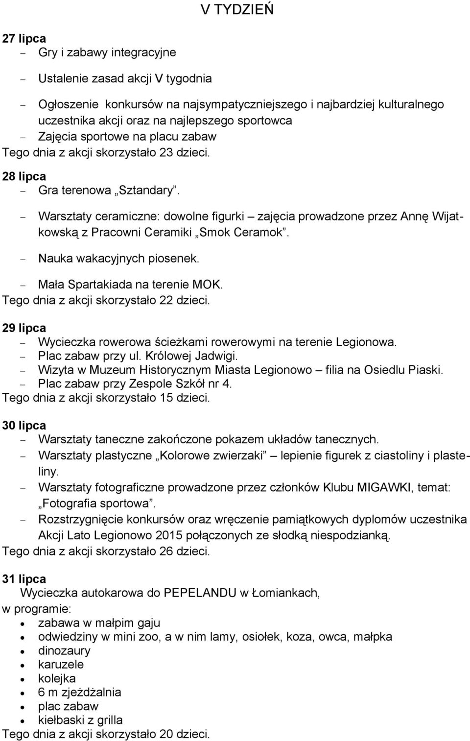 Nauka wakacyjnych piosenek. Mała Spartakiada na terenie MOK. Tego dnia z akcji skorzystało 22 dzieci. 29 lipca Wycieczka rowerowa ścieżkami rowerowymi na terenie Legionowa. Plac zabaw przy ul.