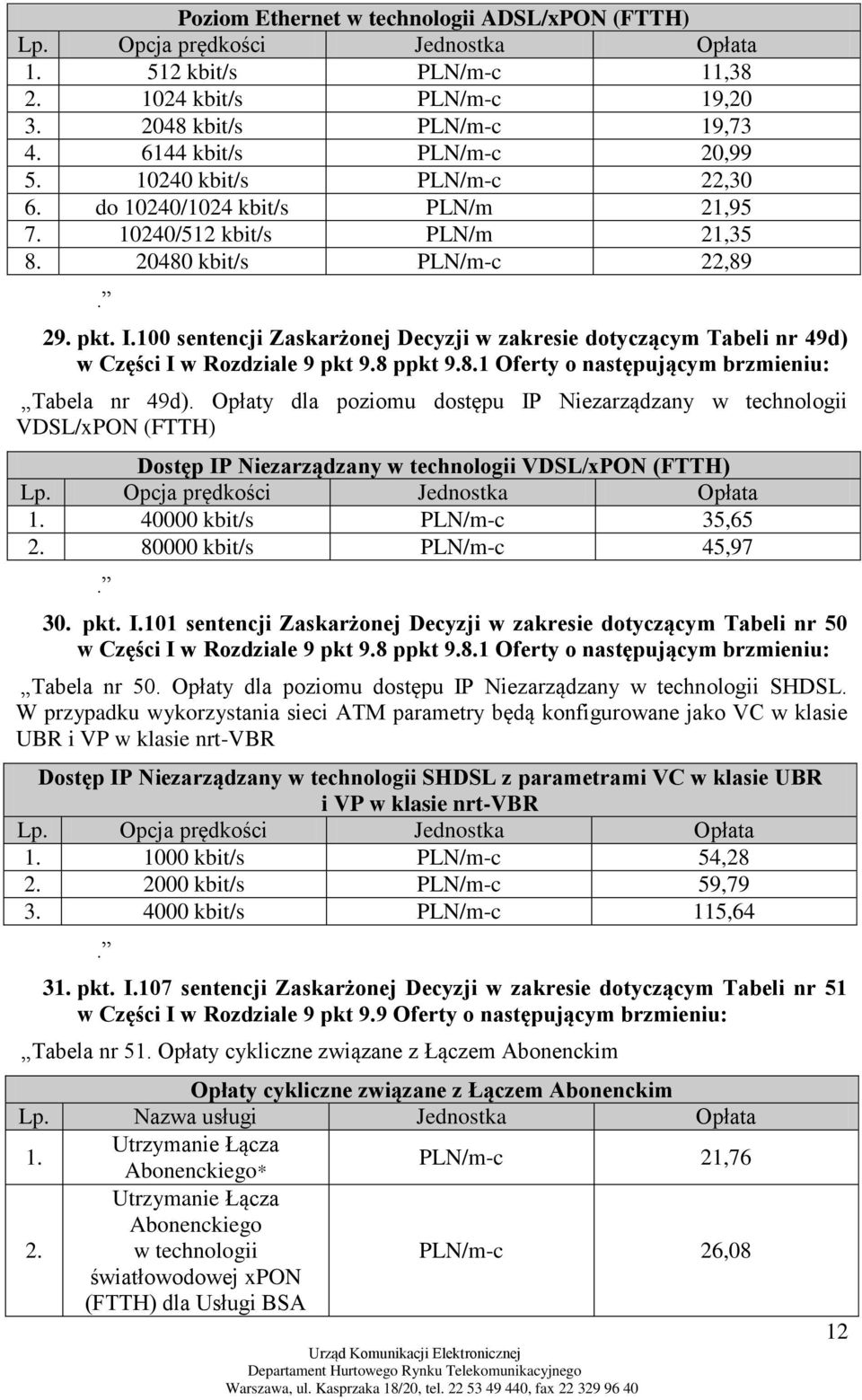 100 sentencji Zaskarżonej Decyzji w zakresie dotyczącym Tabeli nr 49d) w Części I w Rozdziale 9 pkt 9.8 ppkt 9.8.1 Oferty o następującym brzmieniu: Tabela nr 49d).