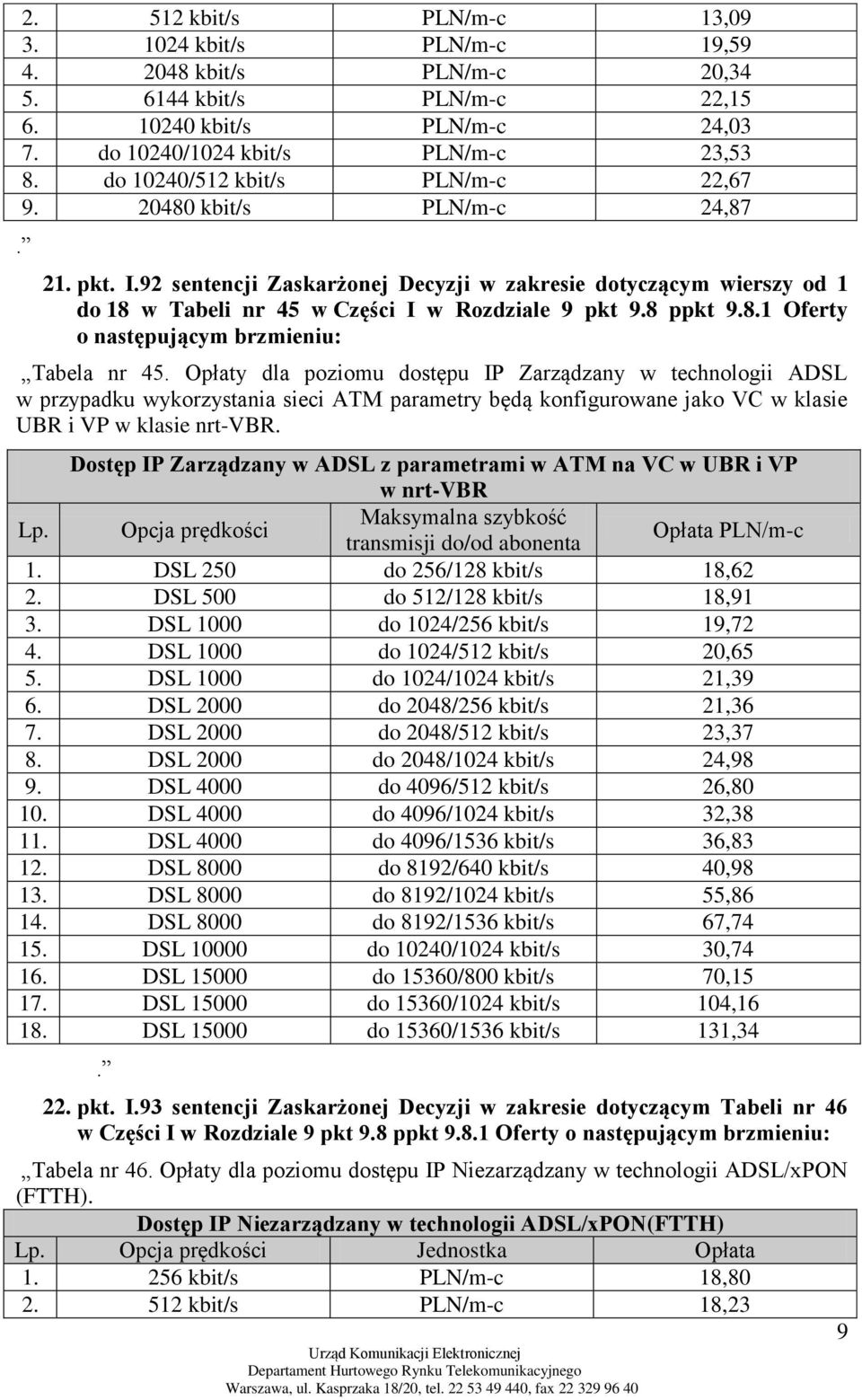 8 ppkt 9.8.1 Oferty o następującym brzmieniu: Tabela nr 45.