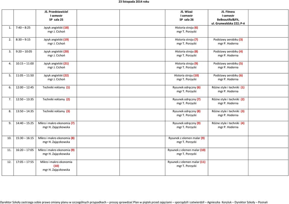 Grunwaldzka 222; P-ń Podstawy aerobiku (3) Podstawy aerobiku (4) Podstawy aerobiku (5) Podstawy aerobiku (6) 6. 12:00 12:45 Techniki reklamy (1) Rysunek odręczny (6) 7.