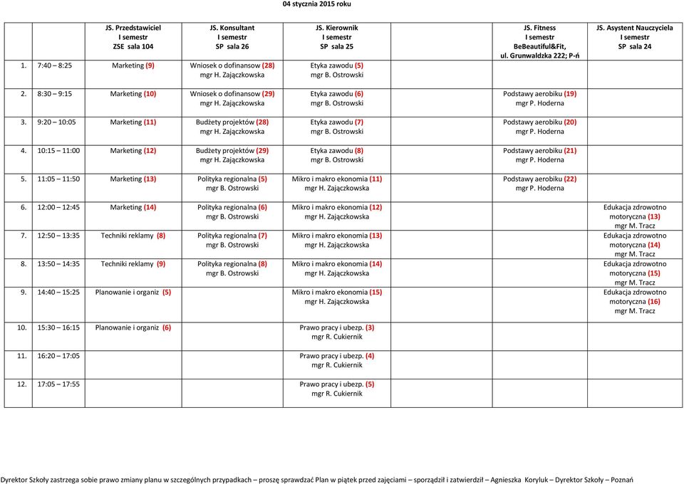 10:15 11:00 Marketing (12) Budżety projektów (29) Etyka zawodu (8) Podstawy aerobiku (21) 5. 11:05 11:50 Marketing (13) Polityka regionalna (5) Mikro i makro ekonomia (11) Podstawy aerobiku (22) 6.
