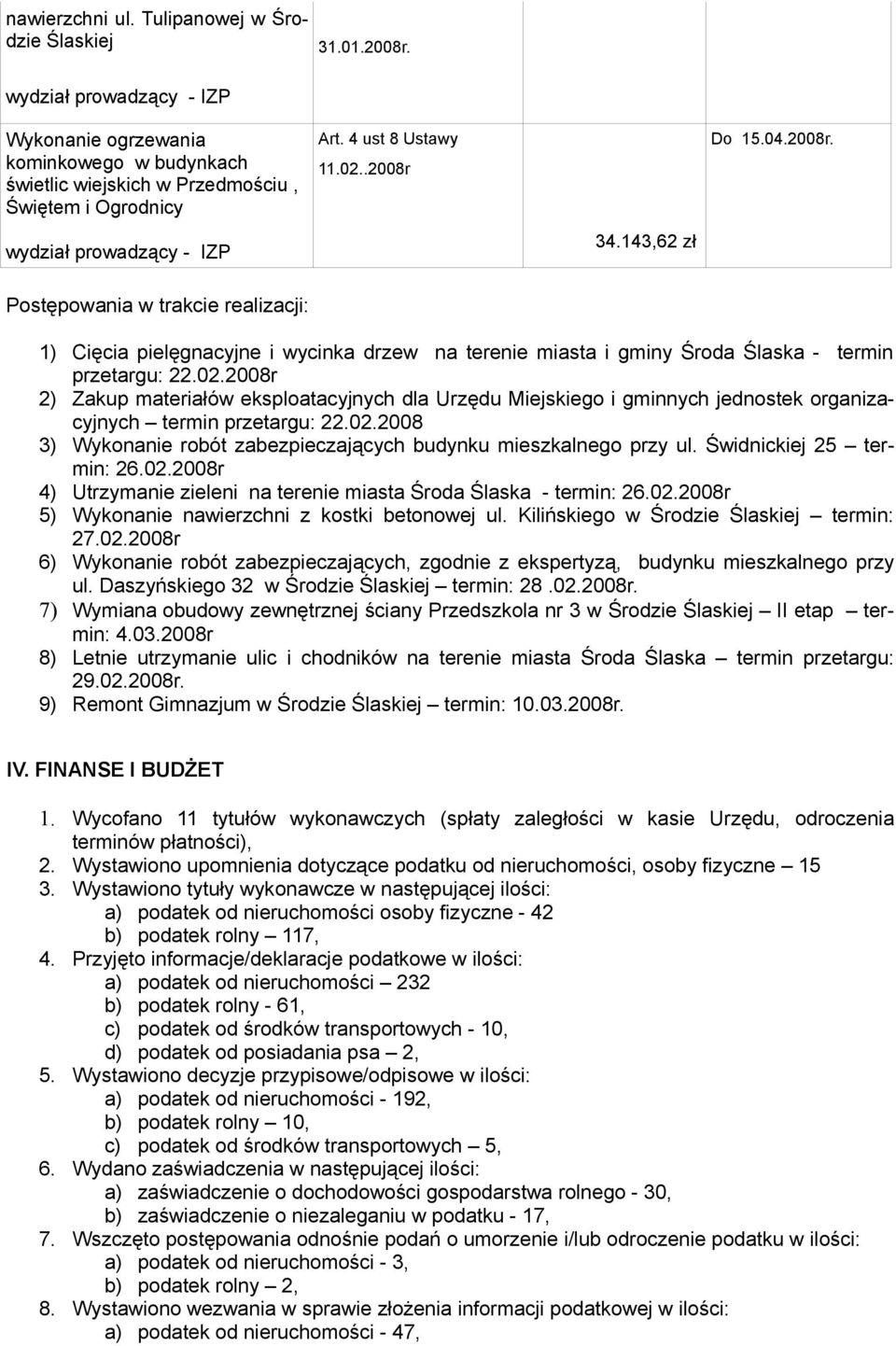 34.143,62 zł Do 15.04.2008r. Postępowania w trakcie realizacji: 1) Cięcia pielęgnacyjne i wycinka drzew na terenie miasta i gminy Środa Ślaska - termin przetargu: 22.02.