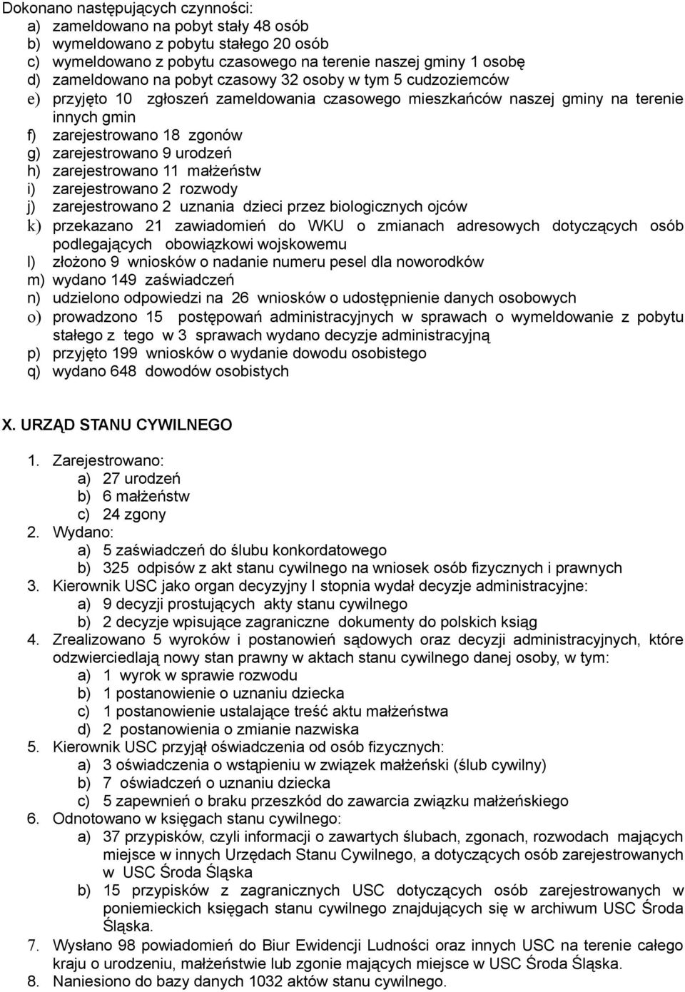 zarejestrowano 11 małżeństw i) zarejestrowano 2 rozwody j) zarejestrowano 2 uznania dzieci przez biologicznych ojców k) przekazano 21 zawiadomień do WKU o zmianach adresowych dotyczących osób