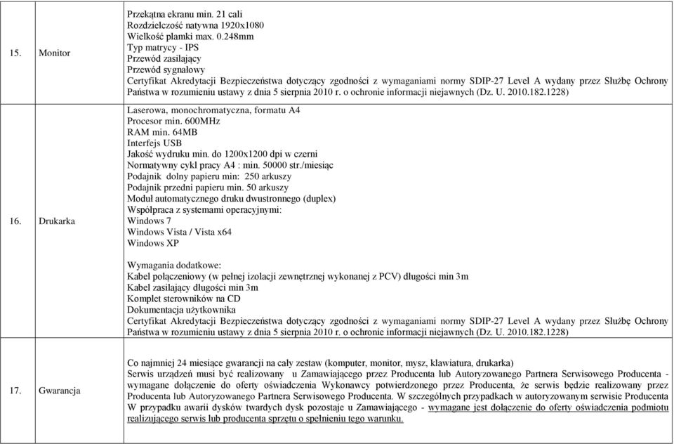 rozumieniu ustawy z dnia 5 sierpnia 2010 r. o ochronie informacji niejawnych (Dz. U. 2010.182.1228) Laserowa, monochromatyczna, formatu A4 Procesor min. 600MHz RAM min.