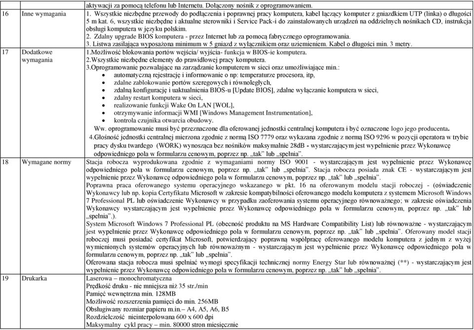 6, wszystkie niezbędne i aktualne sterowniki i Service Pack-i do zainstalowanych urządzeń na oddzielnych nośnikach CD, instrukcja obsługi komputera w języku polskim. 2.