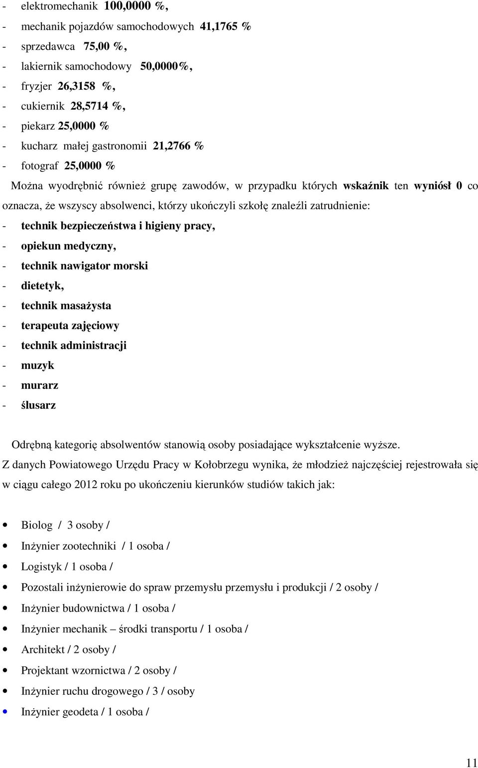 znaleźli zatrudnienie: - technik bezpieczeństwa i higieny pracy, - opiekun medyczny, - technik nawigator morski - dietetyk, - technik masaŝysta - terapeuta zajęciowy - technik administracji - muzyk -