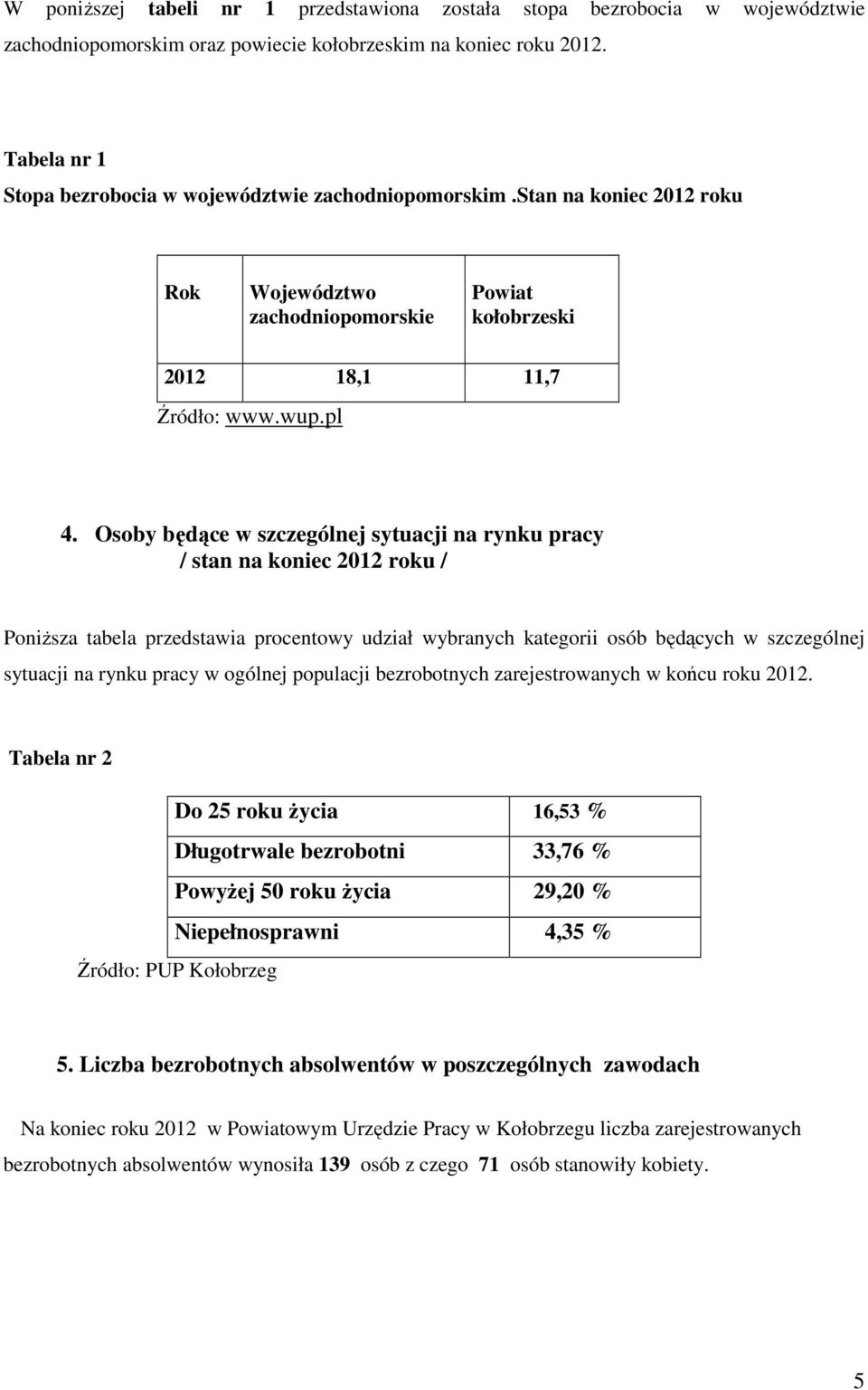 Osoby będące w szczególnej sytuacji na rynku pracy / stan na koniec 2012 roku / PoniŜsza tabela przedstawia procentowy udział wybranych kategorii osób będących w szczególnej sytuacji na rynku pracy w