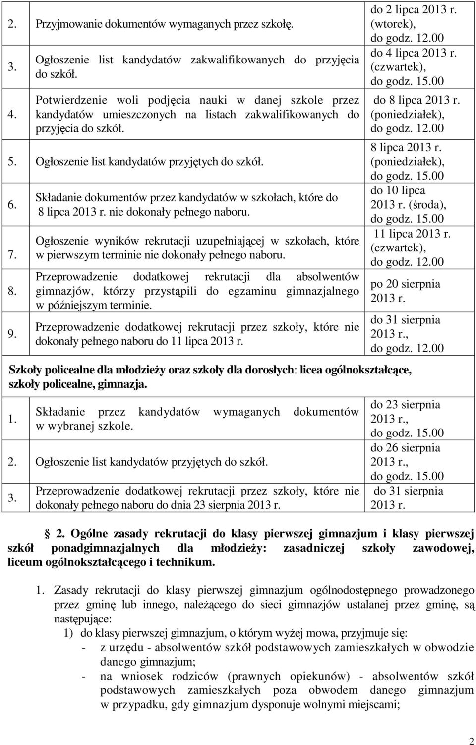 Składanie dokumentów przez kandydatów w szkołach, które do 8 lipca 2013 r. nie dokonały pełnego naboru.