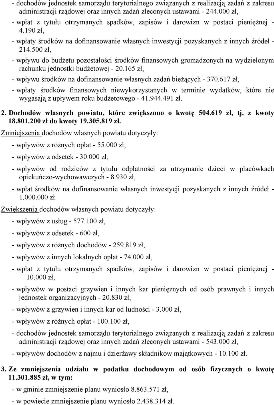 500 zł, - wpływu do budżetu pozostałości środków finansowych gromadzonych na wydzielonym rachunku jednostki budżetowej - 20.165 zł, - wpływu środków na dofinansowanie własnych zadań bieżących - 370.