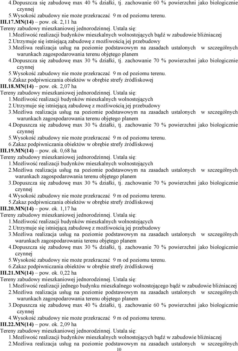 zachowanie 70 % powierzchni jako biologicznie 6.Zakaz podpiwniczania obiektów w obrębie strefy źródliskowej III.19.MN(14) pow. ok. 0,68 ha 3.Dopuszcza się zabudowę max 30 % działki, tj.