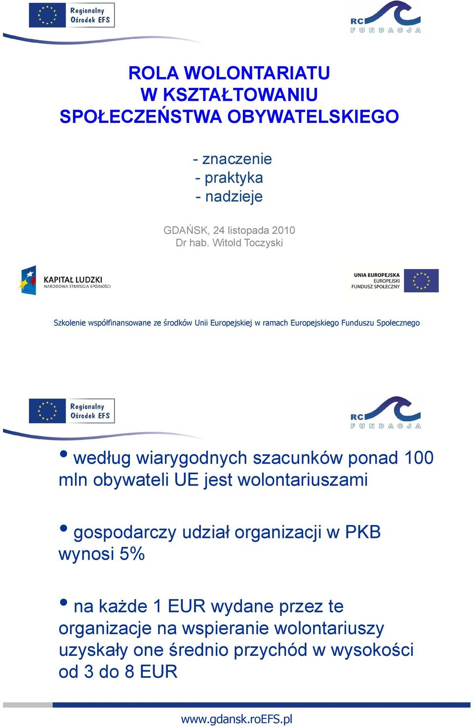 Witold Toczyski Szkolenie współfinansowane ze środków Unii Europejskiej w ramach Europejskiego Funduszu Społecznego według