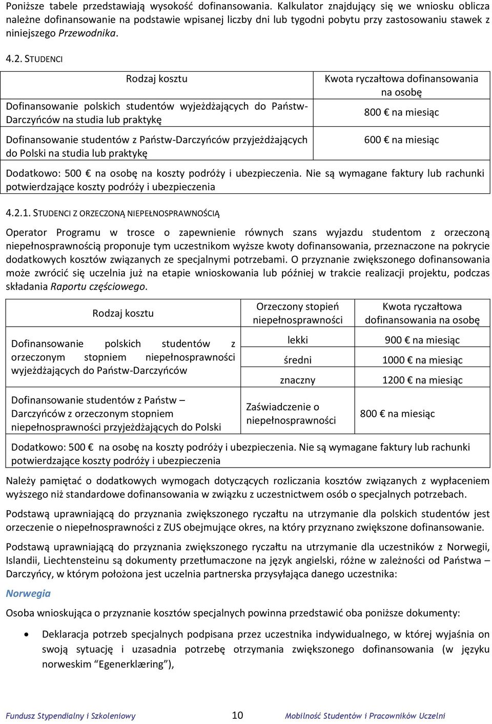 STUDENCI Rodzaj kosztu Dofinansowanie polskich studentów wyjeżdżających do Państw- Darczyńców na studia lub praktykę Dofinansowanie studentów z Państw-Darczyńców przyjeżdżających do Polski na studia