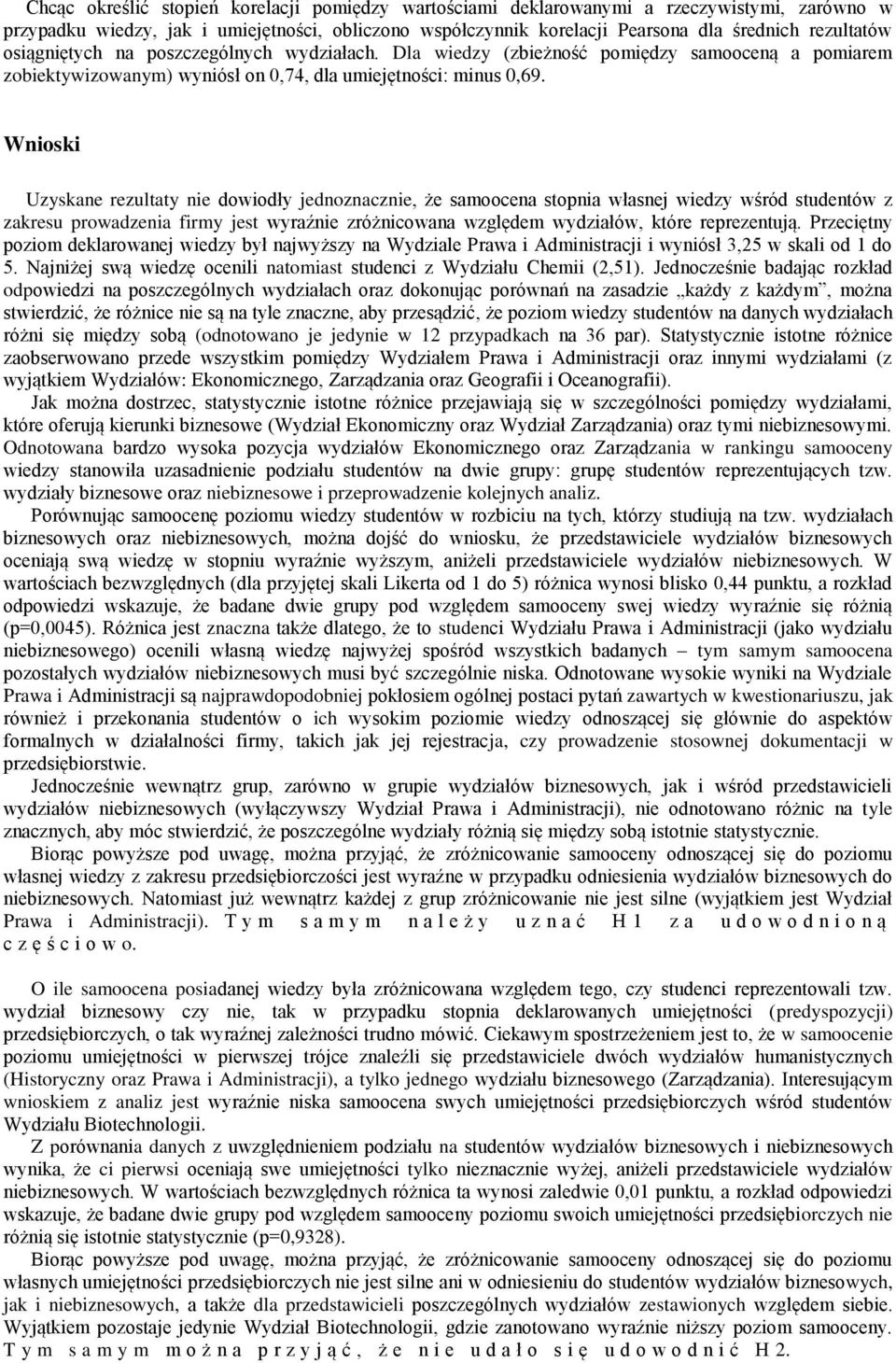 Wnioski Uzyskane rezultaty nie dowiodły jednoznacznie, że samoocena stopnia własnej wiedzy wśród studentów z zakresu prowadzenia firmy jest wyraźnie zróżnicowana względem wydziałów, które