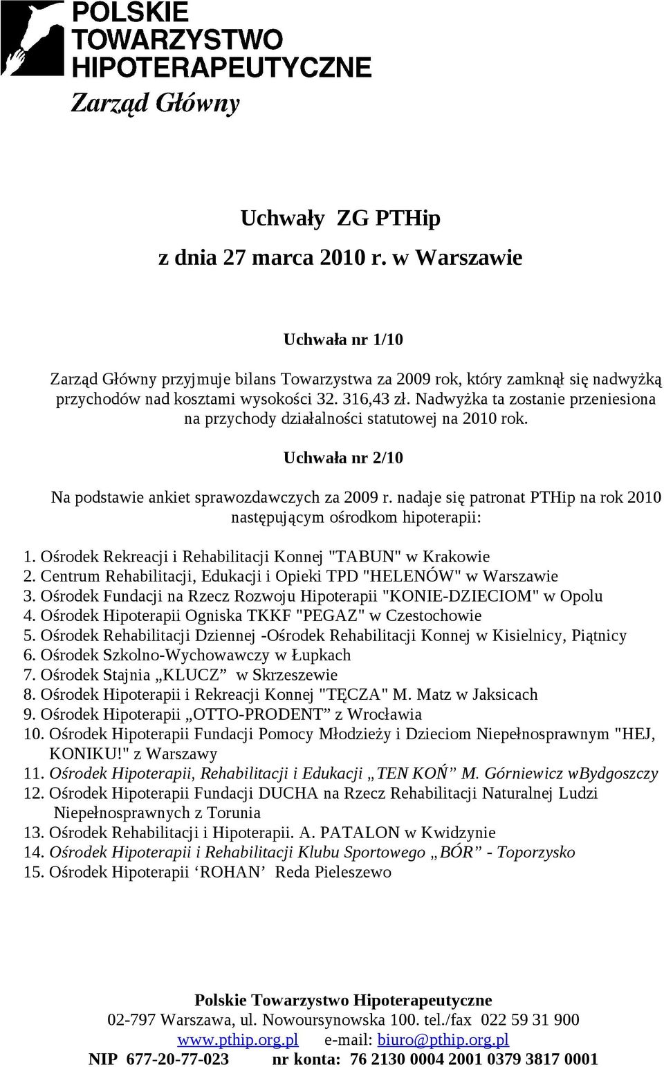 nadaje się patronat PTHip na rok 2010 następującym ośrodkom hipoterapii: 1. Ośrodek Rekreacji i Rehabilitacji Konnej "TABUN" w Krakowie 2.