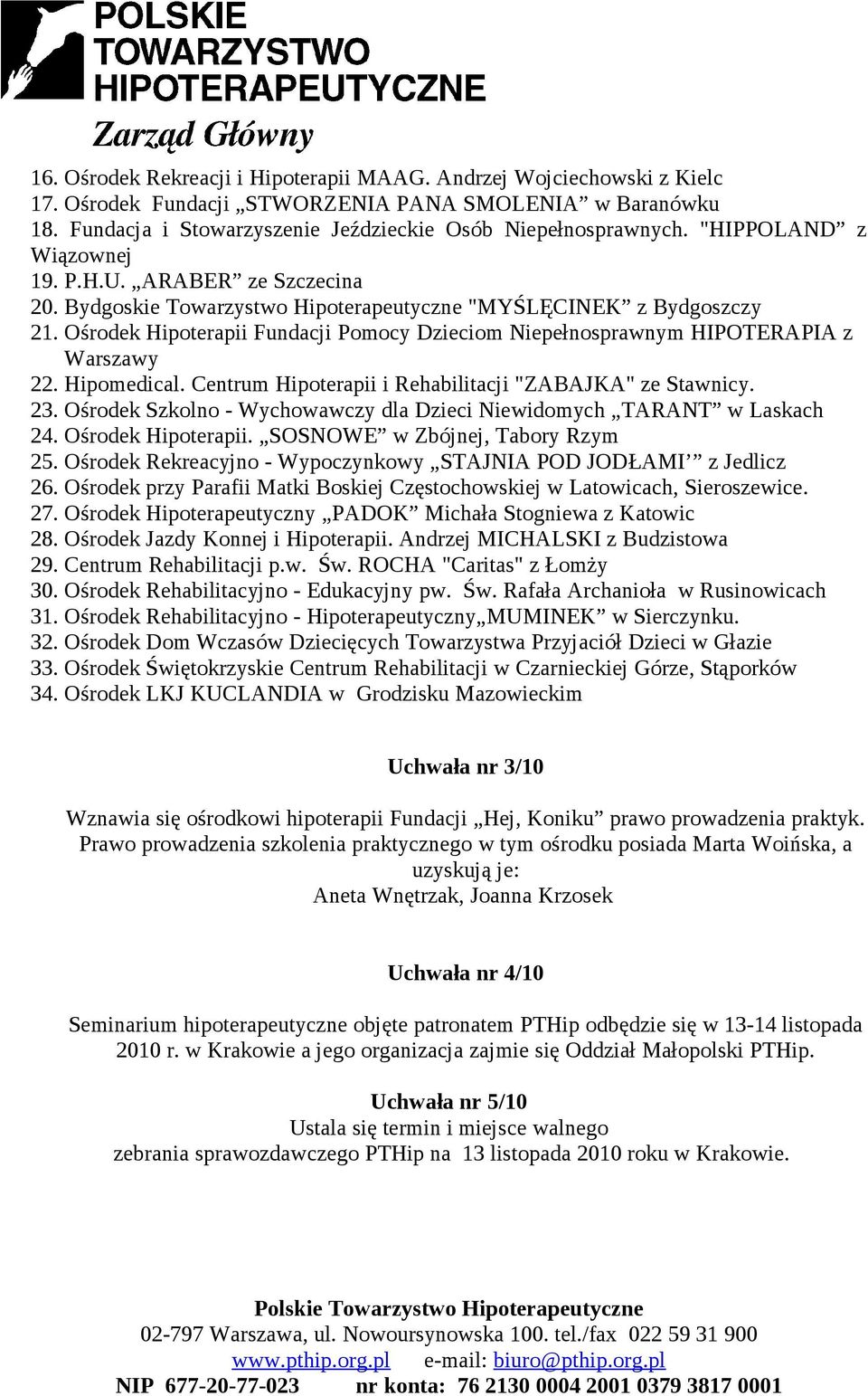 Ośrodek Hipoterapii Fundacji Pomocy Dzieciom Niepełnosprawnym HIPOTERAPIA z Warszawy 22. Hipomedical. Centrum Hipoterapii i Rehabilitacji "ZABAJKA" ze Stawnicy. 23.